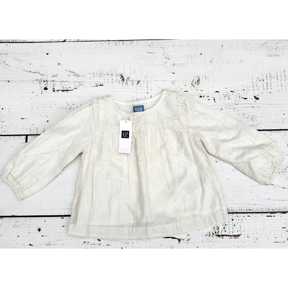 Baby Gap Girls NEW Sz 12-18 Mo White w Silver Lines Blouse Shirt Button Front